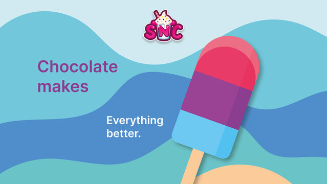 Colorful popsicle illustration with text chocolate makes everything better on a wavy blue background