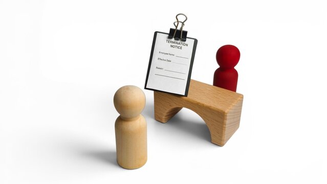 Employment termination and dismissal concept with a wooden peg doll facing a termination notice clipboard.
