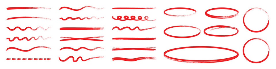 Red brush stroke underline collection. Line pencil red brush set. Line red underline brush pencil pen hand drawn stroke marker highlight. Chalk, charcoal highlight strokes doodle set. © Jerrymoon