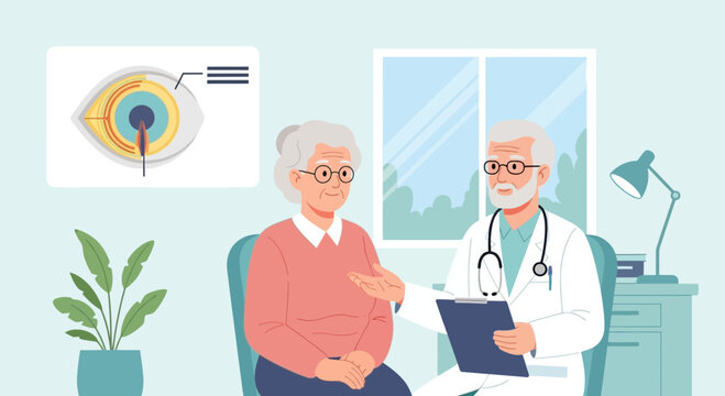 Elderly woman at ophthalmologist appointment discussing eye chart illustration