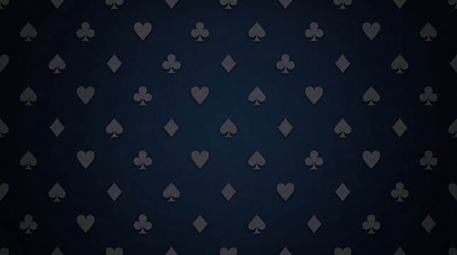 A dark blue background featuring a subtle, repeating pattern of grey card suit symbols including spades, hearts, diamonds, and clubs.