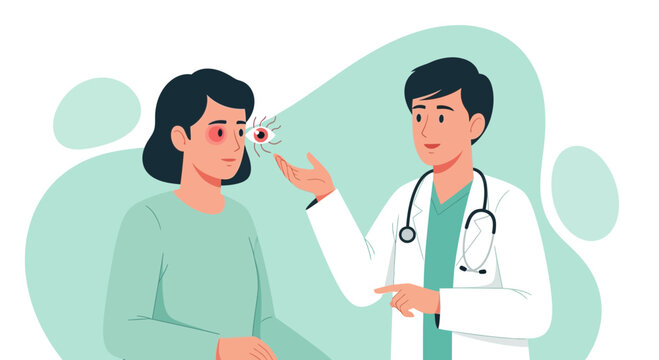 Ophthalmologist examines patient's red, irritated eye with eye infection illustration