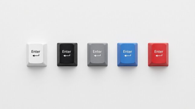 Five colorful "Enter" keycaps for mechanical keyboards arranged horizontally on a white background.