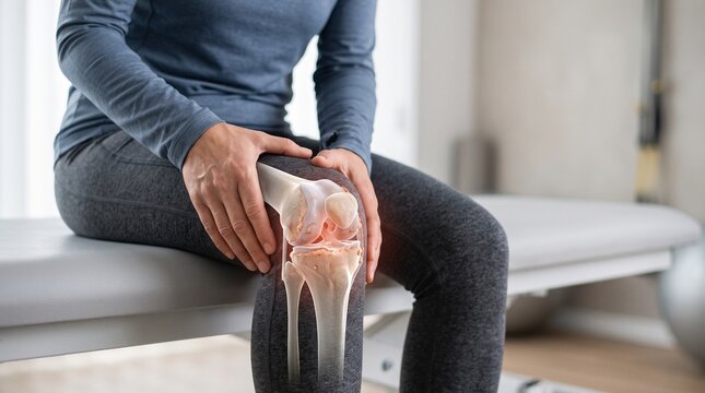 Person experiencing knee pain, with a transparent overlay illustrating the inflamed knee joint, suggesting arthritis or injury.