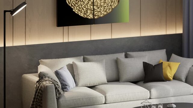 Modern Minimalist Living Room with Warm Lighting atau Luxury Contemporary Kitchen Render