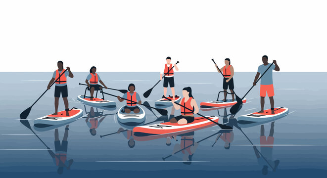 Three people paddle stand-up paddleboards on calm water enjoying summer outdoor recreation.