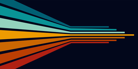 Retro Vintage Abstract Background with Colorful Stripes, 1970s Geometric Line Art Vector Pattern on Dark Navy Backdrop, Sunset Colors Infographic Design Template for Banner Cover Art © Hanofa Febriyanti