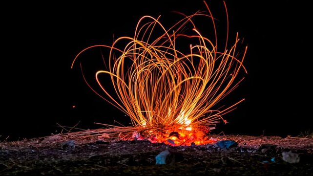 Sparkler burning with bright sparks on dark background celebration, abstract motion background for modern creative