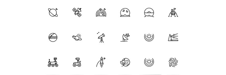 Obraz premium Exoplanet Exploration Icons Featuring Discovery, Telescopes, Planets, and Space Technology in a Minimalist Style