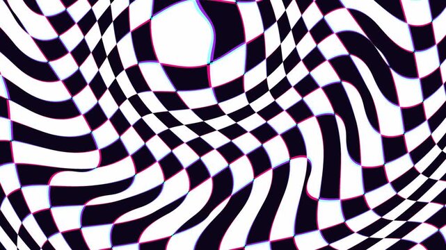 Distorted checkerboard waves warp with a colorful chromatic aberration effect in a hypnotic seamless 3D animation loop