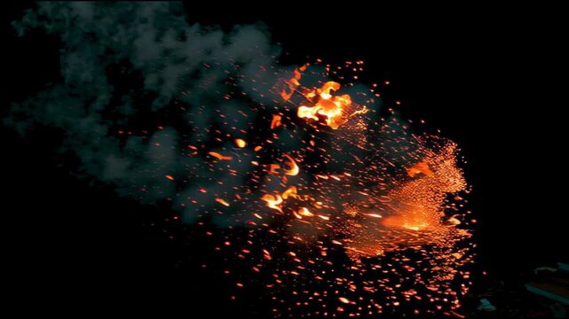 Glowing fire embers and sparks rising on black background, abstract motion background for modern creative design