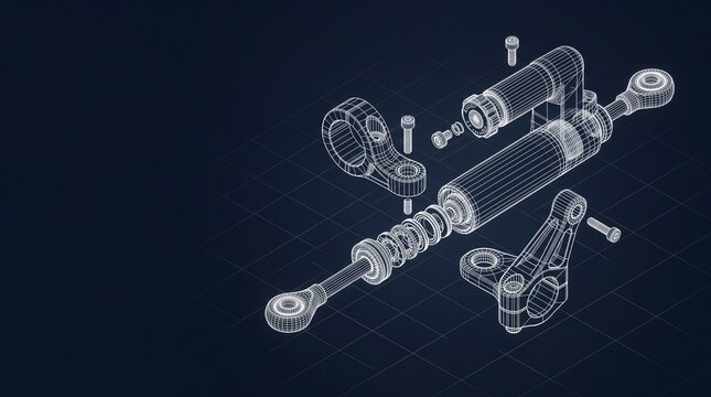 Motorcycle steering damper exploded wireframe showing internal parts, engine blueprint, technical drawing cad design