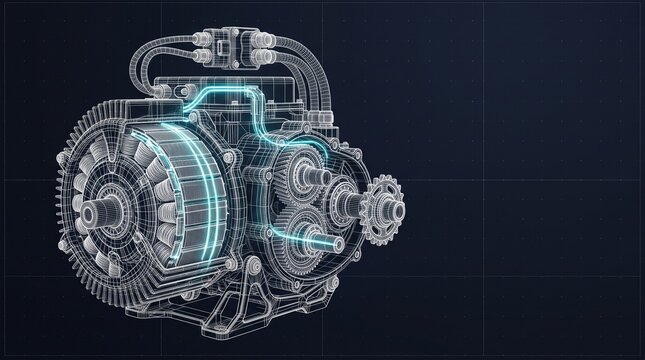 Electric motorcycle powertrain wireframe showing motor transmission and power flow, engine blueprint, technical drawing