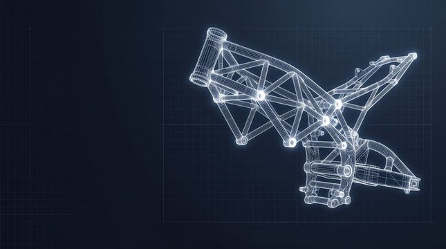 Motorcycle trellis frame wireframe showing structural nodes and geometry, engine blueprint, technical drawing