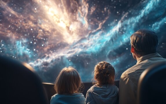 Family Enjoying Fulldome Show at Planetarium Viewing Cosmic Wonders