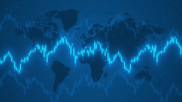 Blue digital forex trading graph world map background animation