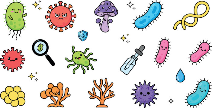 Cute Bacteria and Virus Microorganism Vector Doodle Set Featuring Smiley Microbes Bacteria Worms Mushroom and Magnifying Glass Sticker Icons