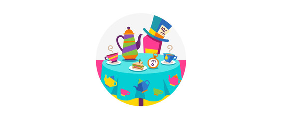 Fototapeta premium Whimsical tea party flat vector illustration with teapot and hat
