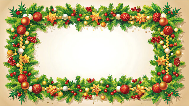 Christmas frame made of pine branches and festive ornaments