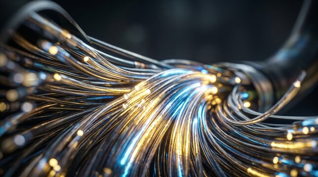 Close-up of glowing fiber optic cables representing high-speed data transmission and telecommunications