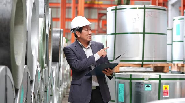 Male engineer wearing a hard hat examining documents in a spacious industrial warehouse environment
