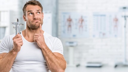 Fototapeta premium Body composition specialist holding a skinfold caliper in an assessment studio while thinking. Concept of quiz, consultation and trivia about body composition.