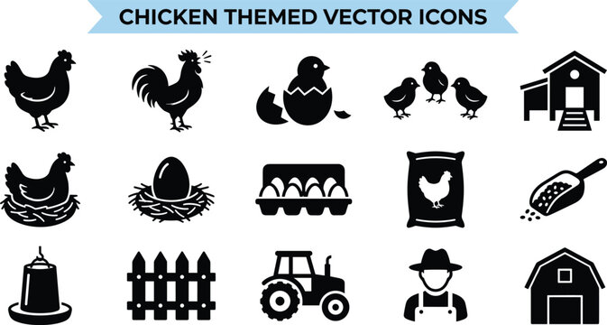 Chicken Farm Vector Icon Set with Poultry Barn Eggs Tractor and Farmer Silhouettes