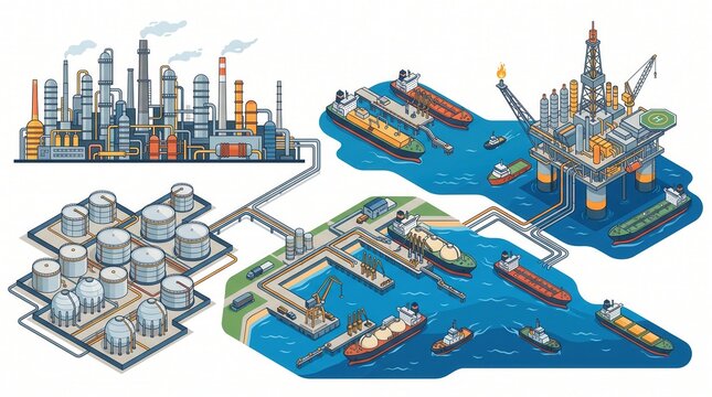 Oil and gas facilities connect offshore rig, refinery, storage tanks, and sea port for transport