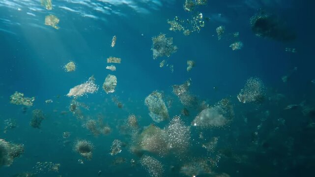 Underwater scene showing microplastics floating in the ocean with sunlight penetrating water