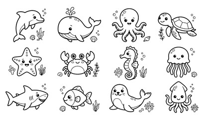 Fototapeta premium Cute Sea Animals Coloring Book Vector Set with Simple Cartoon Line Art for Preschool Children