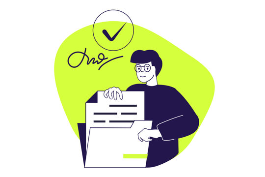 Digital signature modern flat concept for web banner design. Businessman agreeing legal documents or contract using electronic sign, doing paperwork. Vector illustration with isolated people scene.