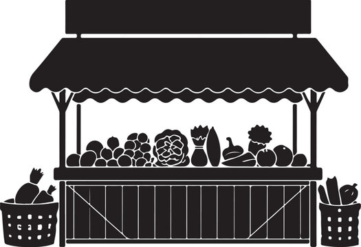 Black silhouette of a vegetable stand with awning and baskets