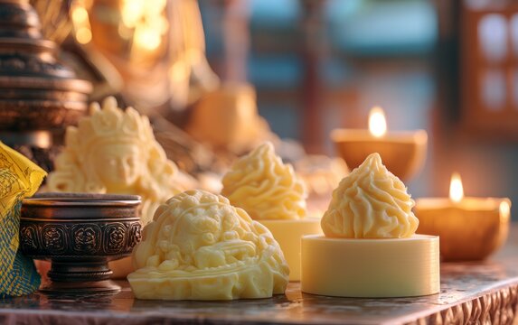 Vibrant Buddhist Altar Featuring Traditional Torma Offering and Candles
