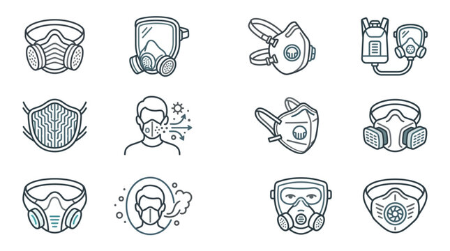 Sleek Monochromatic Line Art Collection of Various Respiratory Protective Masks and Gear for Safety Awareness