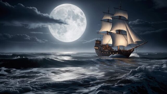 Majestic ship sailing under a glowing full moon through turbulent ocean waves at night