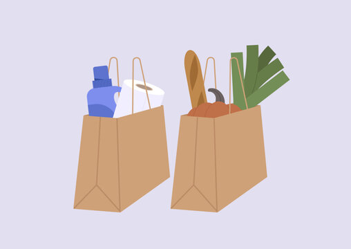 Colorful grocery paper bags are filled with fresh vegetables, a roll of paper towels, and cleaning supplies gathered from a local market trip, Excitement for meal preparation awaits.
