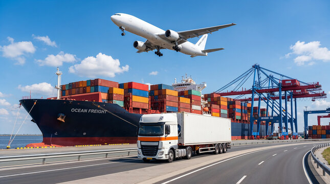 Global logistics and multimodal freight transport with cargo airplane, container ship and delivery truck at a busy seaport terminal under blue sky