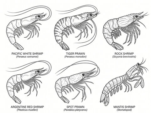 Vector illustration set of different edible shrimp and prawn species isolated on white background