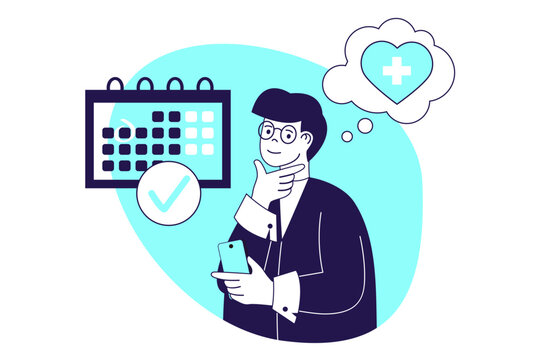 Heart health modern flat concept for web banner design. Man maintains healthy cardiovascular system and planning his visit at cardiologist consultation. Vector illustration with isolated people scene.