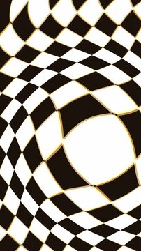 Checkered pattern background warps vertically in a stylized monochrome wave formation for a hypnotic 3D animation background