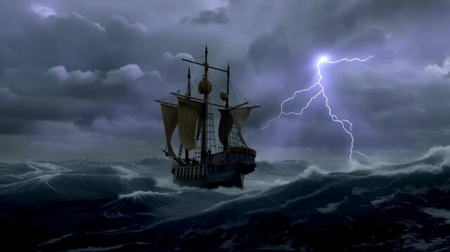 Powerful stormy sea with a sturdy ship battling giant waves and sails straining against fierce wind