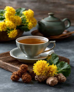 Rhodiola rosea roots beside herbal tea highlighting Russian medicinal herb resilience longevity wellness ritual and functional nutrition