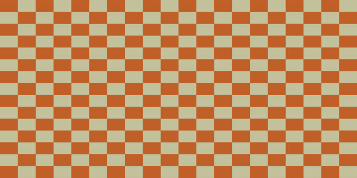 Abstract seamless checkerboard pattern background with orange terracotta and beige khaki squares. Minimalist retro geometric vector illustration asset.