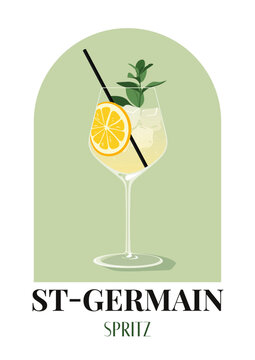 Poster with cocktail alcohol drink. St-Germain Spritz. Modern trendy print. Fresh drink with lemon, mint and ice cubes. Cocktail in tall wine glass with straw.