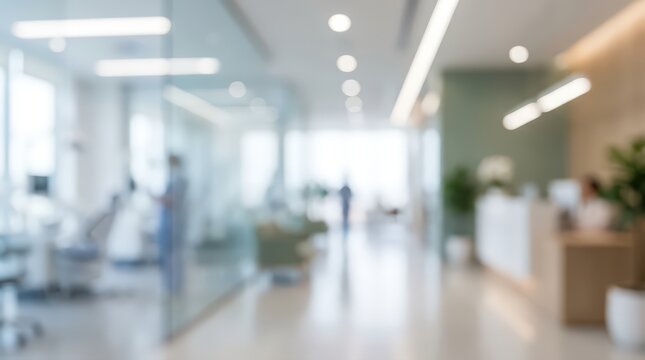 blurred abstract interior of modern medical clinic reception area, glass partitions, bright natural light, minimalist healthcare facility design, professional office lobby.