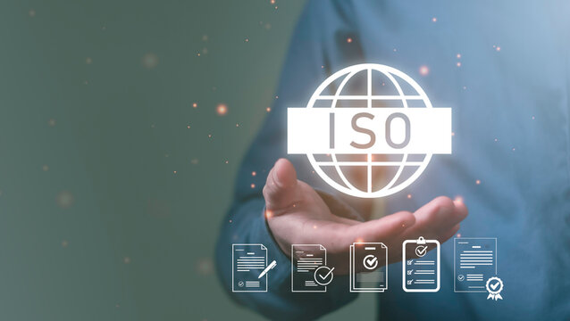 ISO certification and quality management concept, compliance, auditing, quality assurance, regulatory standards, and corporate process improvement. Global standard icon and document checklist,