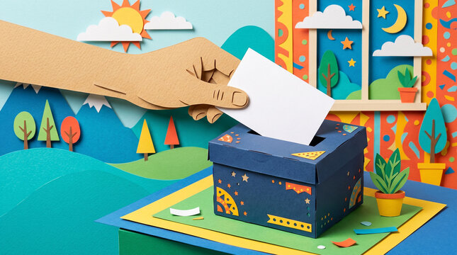 Hand voting paper into ballot box, paper craft, democracy, election concept