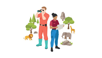 Obraz premium Park rangers in uniforms with binoculars and a map stand near trees with a lion, giraffe, and elephant figures in a light colored field environment.