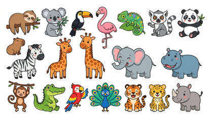 Cute Funny Exotic Animals Vector Set Isolated on White Background © Kuddus