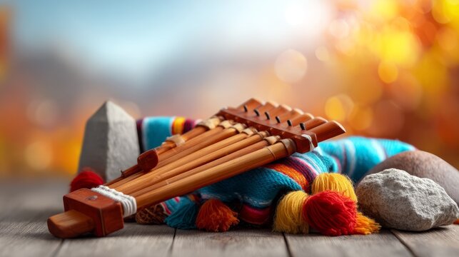 Vivid Andean Siku Flute on Colorful Textile with Stones and Natural Background